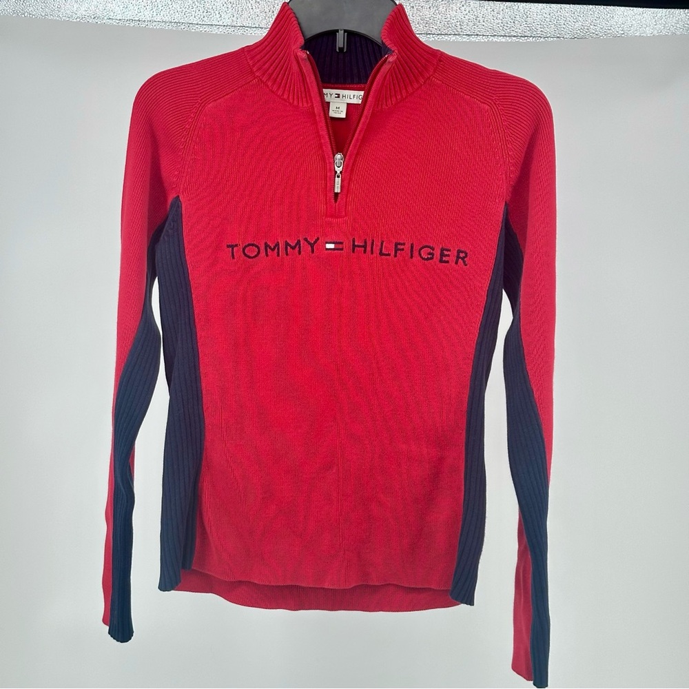 Womenโs Medium Cotton Tommy Hilfiger Red Navy 1/4 Zipโ Sweater Y2K 90's Preppy